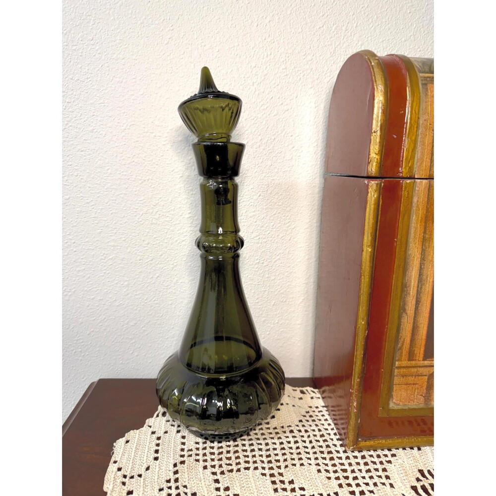 1964 Jim Beam Genie Bottle Decanter, Olive Green Glass, Mid-Century Barware